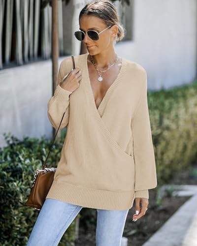 Image of LookbookStore Women's Knit Long Sleeve Faux Wrap Surplice V Neck Sweater Top