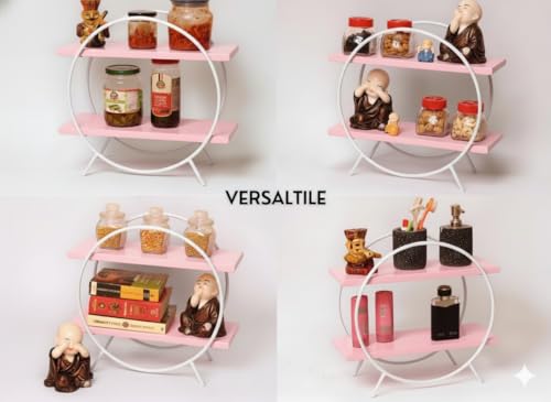 Image of 2 Tier Spice Rack Organizer for Kitchen Countertop - Metal & Wooden Masala Stand Condiments, Seasonings Multipurpose Storage Rack for Home & Kitchen Decor (Blk Brown) (Pink White)