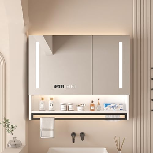 Botiquín para baño con espejo HD y luces LED, montaje en pared, almacenamiento inteligente con desempañador, botiquines iluminados para baño con display de hora y temperatura, soporte para toallas miniatura 1