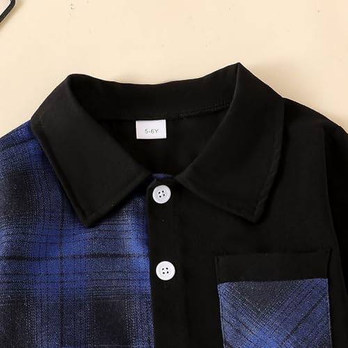 Image of Boy Clothes Fall Winter Outfits Long Sleeve Plaid Patchwork Button Down Shirt + Casual Pocket Sweatpants 5-14 Years