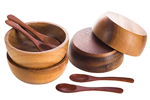 Bestysuperstore 3¾" Mini Acacia Round Wooden Bowl Small Size For Condiments, Dip Sauce, Nuts, Candy, Fruits, Appetizer, And Snacks, Calabash Wood Bowls Dia 3.75"X 1.5 H - Set Of 4 (Free 4 Wood Spoons) #TOP5