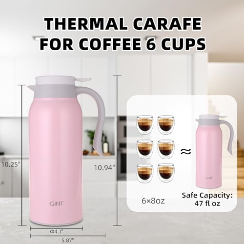 Image of GiNT 51 Oz Stainless Steel Thermal Coffee Carafe, Double Walled Vacuum Insulated Flask, 12 Hour Heat Retention, 1.5 Liter Tea, Water, and Coffee Dispenser (Upgraded version Pink)