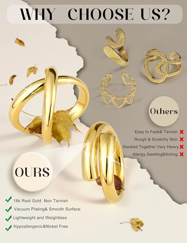 Sanfenly 12 PCS Chunky Gold Rings for Women Non Tarnish 18K Gold Plated Adjustable Statement Ring Knuckle Thumb Stackable Open Rings Set Fashion Jewelry Gifts3