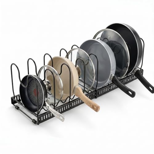 Expandable Pots and Pans Organizer for Cabinet – Heavy Duty Carbon Steel Pot & Pan Rack with 10 Adjustable Dividers, Wave Slot Cookware Holder for Pans, Lids, Bakeware, Countertop or Under Sink, Black