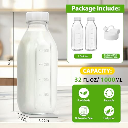 Image of CUCUMI Moretoes 32 Oz Glass Milk Bottle with Reusable Strong Airtight Screw Lid, Reusable Glass Juice Bottles, Water Jug Breast Milk Pitcher, Buttermilk, Nut, Juice, Syrup, Coffee Creamer (2 Pack)