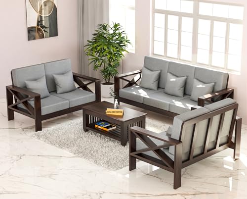 Image of Sheesham Wooden 7 Seater Sofa for Living Room | Rosewood 7 Seater Cushion Sofa X-Legs | Solid Wood Sofa Set for Lounge (3+2+2,Walnut Finish)