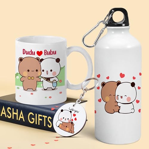 Image of Bubu Dudu Love Gift for Birthday /Anniversary Sipper Water Bottle Aluminium with Coffee Mug, Wooden Keychain Combo Pack NMSK (BOTTLEMUGKEY-1)