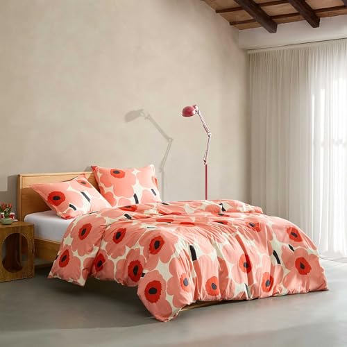 Image of MARIMEKKO - Queen Duvet Cover Set, Soft Cotton Bedding for Year Round Comfort, 3 Piece Floral Bed Set with Matching Pillowcases (Unikko Coral Pink)