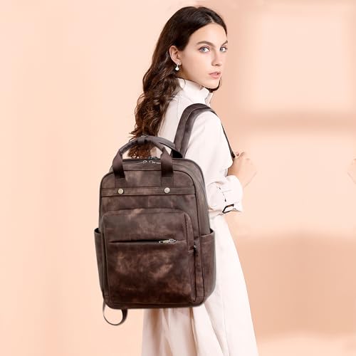 Leather Laptop Backpack for Women 15.6 Inch Work Travel Backpack Fashion College Business Computer Bag (Coffee)2