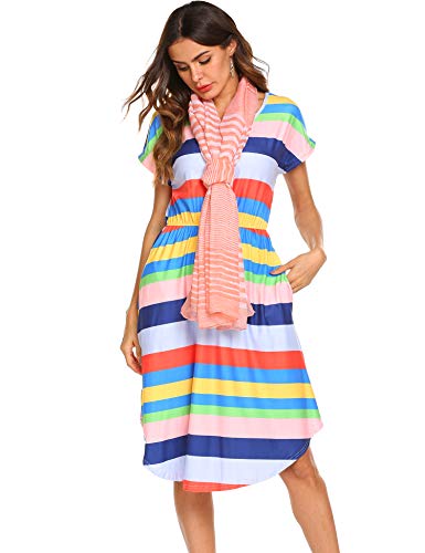 Women s Colorful Floral Midi Striped Dress with Pockets Multi,L