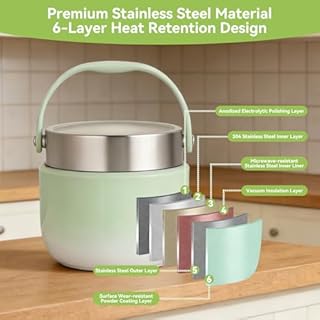 OTraki Termos per Alimenti 1200ml Contenitore Portapranzo Termico Cibo Caldi con Cucchiaio Pieghevole, Thermos Pappa Acciaio Inossidabile per Conservare Porridge, Zuppa, Frutta e Pranzi (Verde)