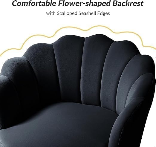 Image of Wooden Velvet Shell Accent Chair, Upholstery, Gold Metal Legs, Channel Tufted Design, Barrel Chair for Living Room, Drawing Room, Bedroom, & Office (Black)