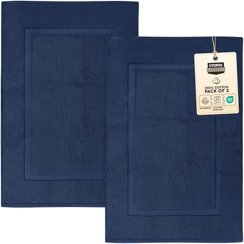 Utopia Towels Cotton Banded Rug, Bath Mats, Not a Bathroom Rug, 21 by 34 Inches, 100% Ring Spun Cotton, Highly Absorbent Shower Bathroom Floor Mat, Navy, 2 Pack