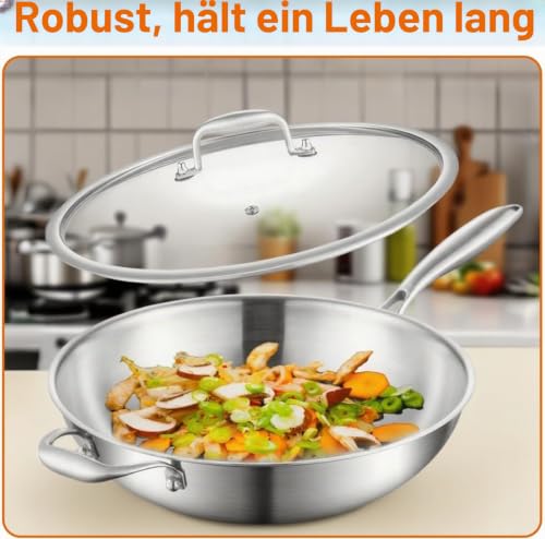 DELARLOCHEF Edelstahl Wokpfanne 28 cm Induktion, Durchgehend 3-lagig Wok – Ansicht 6