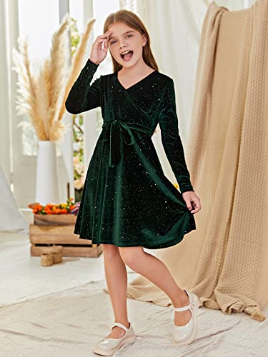 WDIRARA Girl's Velvet Glitter Wrap V Neck Long Sleeve Tie Belted Flared A Line Party Midi Dress4