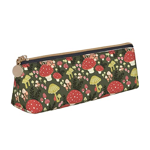 Image of Mushrooms Pattern Leather Pencil Case Zipper Pen Makeup Cosmetic Holder Pouch Stationery Bag for School, Work, Office
