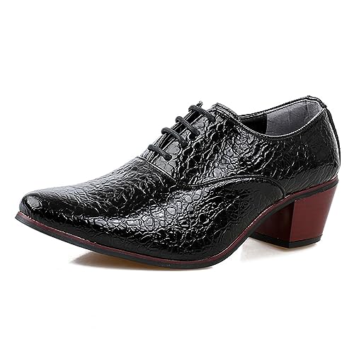 JiuQing Men's High Heel Oxfords Pointy Business Lace-Ups Chunky Heel Dress Dance Shoes