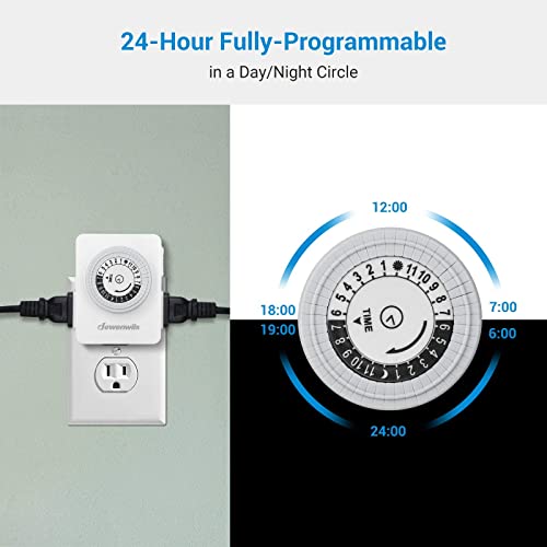 Dewenwils 24-Hour Indoor Mechanical Outlet Timer, Timers For Electrical Outlets With 2 Grounded Outlet, Daily On/Off Cycle, Programmable Plug In Timer For Lamp, Aquarium,Grow Light, 2 Pack, Etl Listed #TOP3