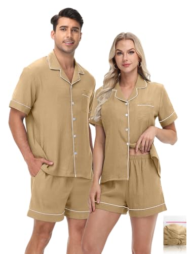 YOPUGEE Matching Pajamas For Couples Mens Summer Loungewear Set Button Up Pajamas Cotton Sleepwear Short Set Khaki L