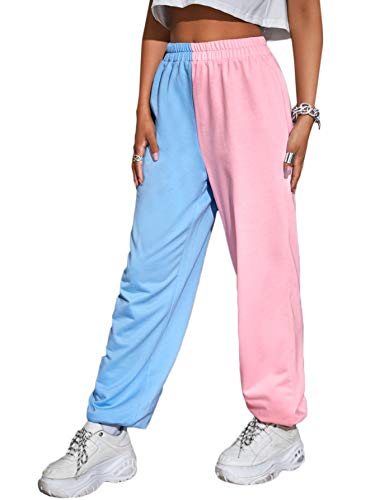 SweatyRocks Women s Soft Color Block Elastic Waist Sporty Running Jogger Sweatpants Blue Pink Large