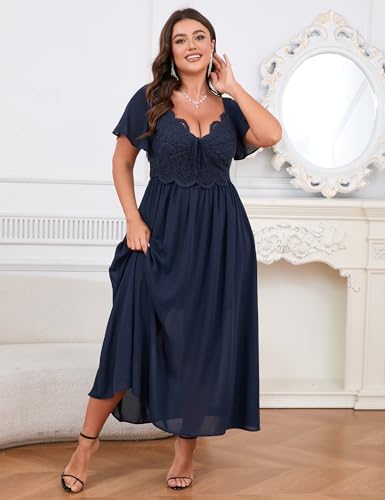 Image of EYWOL Women's Plus Size Formal Dress Lace Chiffon Maxi Dress,Open Back Cocktail Dress for Wedding Guest,Party,Gala Events