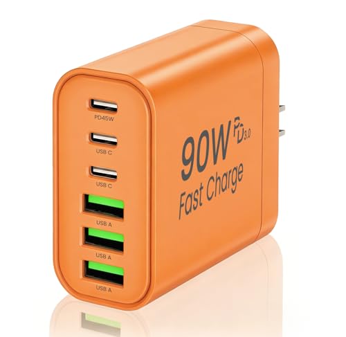 Image of 90W GaN USB C Charger Block,6-Port USB C Wall Charger Fast Charging 45W PD Power Adapter for iPhone 17Pro Max /Samsung Galaxy S24 Ultra /Tabs /MacBook Air /iPad Pro for Home Travel (Orange, One)