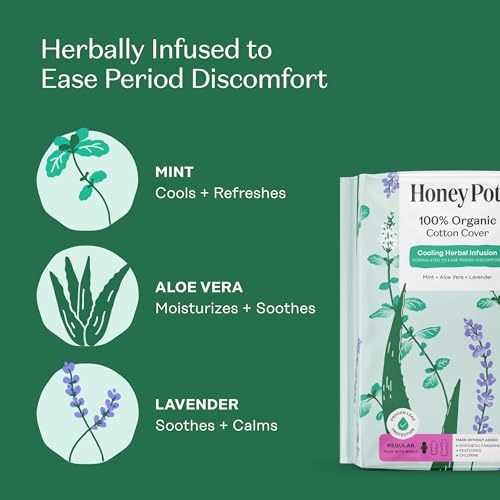 Image of Honey Pot - Herbal Sanitary Pads for Women - Regular Flow w /Wings - Infused w /Essential Oils for Cooling Effect & Organic Cotton Cover - Medium Pack - Feminine Care - 32 ct