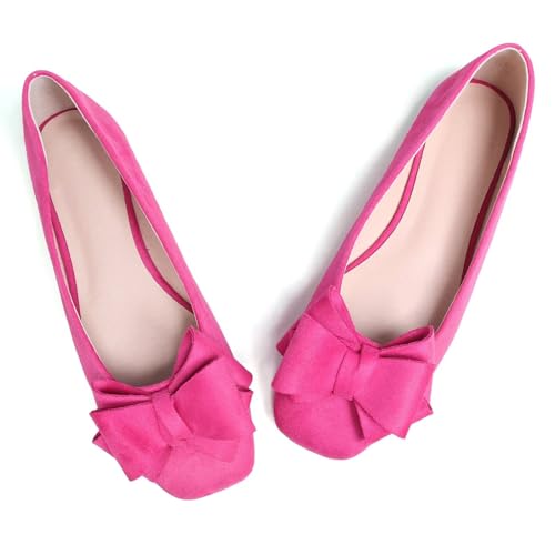 JiangWei Shu Women's Bow Ballet Flats Soft PU Leather Flats Dressy Square Toe Flats Slip-on Loafers for Office
