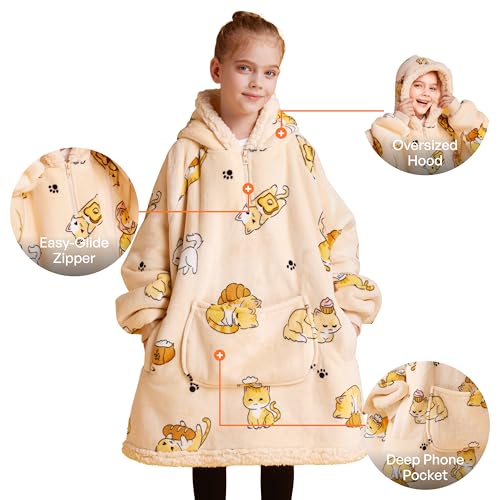 Image of Giggling Getup Wearable Blanket Hoodie for Girls and Boys Warm Cozy Sherpa Fleece Hooded Blanket Sweatshirt Oversized Hoodie with Giant Pocket & Sleeves for Kids Cat