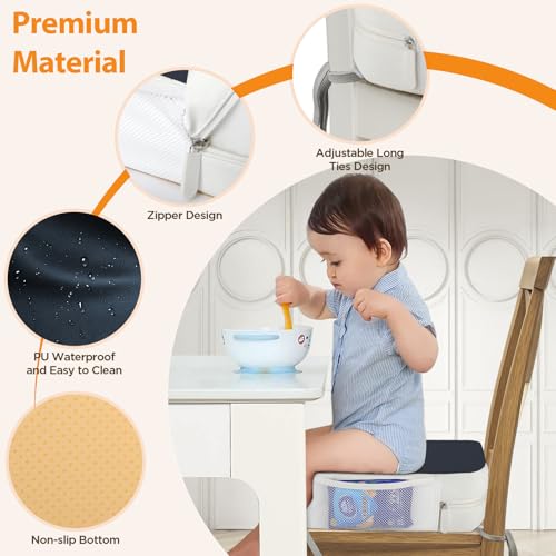 Image of Booster Seat for Kitchen Chair, 3.8 inch Toddler Booster Seats for Dining Table with Ties, PU Dining Chair Pads with Side Pockets, Non-Slip & Removable Booster Seat for Table Increasing Cushion (Blue)