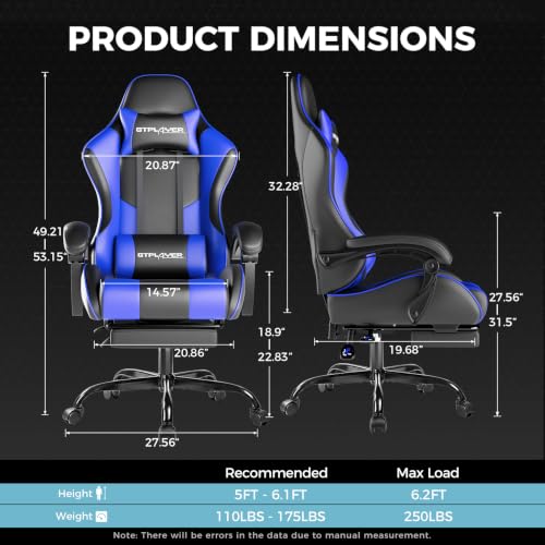 Image of GTPLAYER Gaming Chair, Computer Chair with Footrest and Lumbar Support, Height Adjustable Game Chair with 360-Swivel Seat and Headrest and for Office or Gaming (Faux Leather, Blue)
