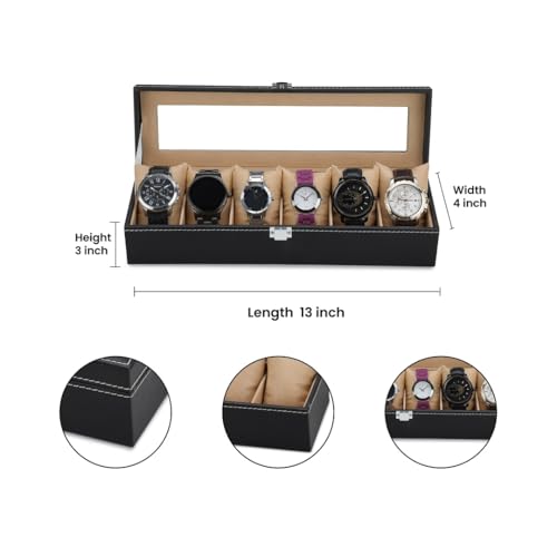 Image of Watch Box Organizer for Men and Women, 6 Slots, Leatherette, Black, Gift Box (Black::Beige)