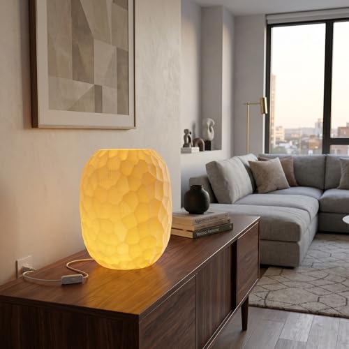 Image of Modern Table Lamp with Warm Yellow 10W LED - Ambient Night Light for Bedroom, Living Room, Desk & Home Decor | Eco-Friendly Warm Glow Lamp | USB Powered (Geometric Pattern)