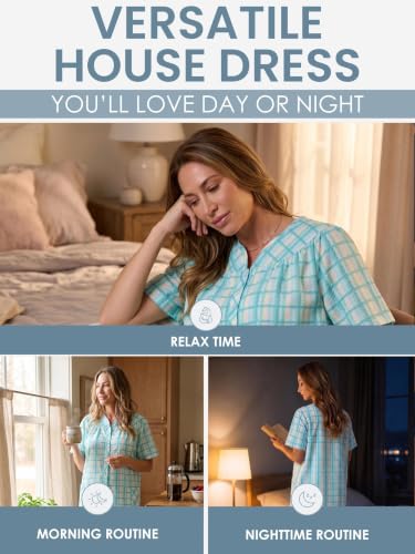 Image of Casual Nights Women's Snap - Front House Dress Short Sleeve Woven Housecoat Duster Lounger Robe with Pockets