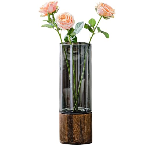 Artistic Wood Glass Vase, 12" H, Large Wooden Base Cylindrical