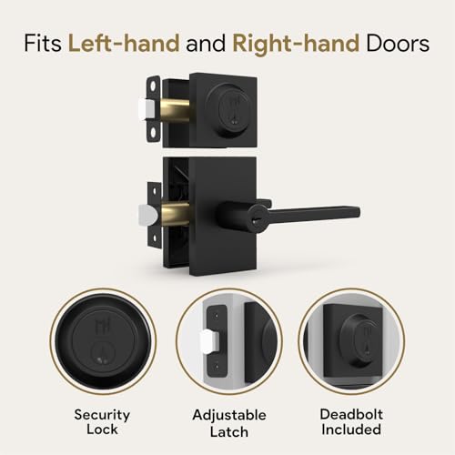 Image of Mega Handles, Glamor Entry Combo, Entry Door Handle and Single Cylinder Deadbolt Lock and Key Combo Pack, Heavy Duty Locking Door Levers for Left or Right-Handed Doors - Matte Black