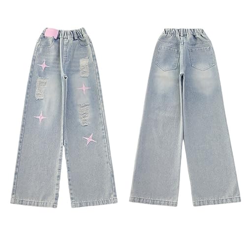 Girls Ripped Jeans Cute Star Embroidered Baggy Elastic Waist Trendy Denim Pants Loose Aesthetic Casual Trouser4
