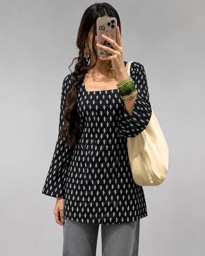 Image of SONISHA Women's Rayon Floral Print Short Kurti for Women Elegance Square Neck, Long Sleeves with Style Criss Cross Back Kurti, Top for Office Wear, Casual, Outdoor
