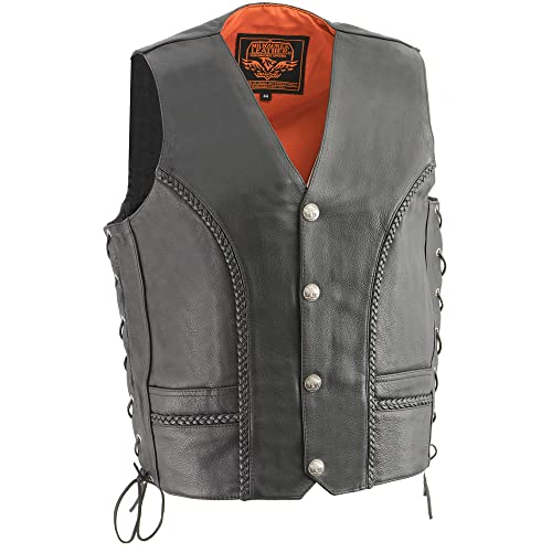 Milwaukee Leather ML1359 Men's Braided Side Lace Black Leather Vest with Buffalo Snaps (as1, numeric, numeric_44, regular, regular)
