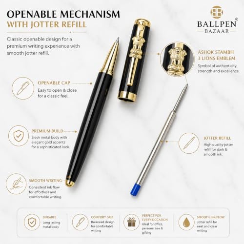 Image of Pen Paradise Metallic Glossy Black Ball Pen with Gold Ashoka Emblem Clip | Openable Cap Metal Executive | Black Ink Smooth Writing | Premium Office Signature Gift Pen | Pack of 1