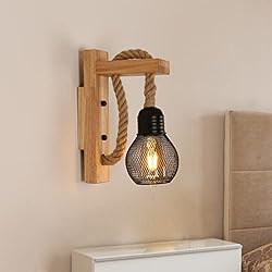 Lamparas Para Dormitorios Rusticos Kiwaezs Apliques de Pared Vintage, aplique pared interior Madera Rústica, Lampara Pared Colgante de Cuerda de Cáñamo, apliques pared dormitorio Metal Negro, lampara de pared para salon