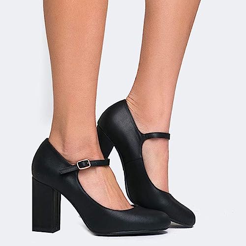 FSJ Women Round Toe Chunky High Heel Mary Jane Pumps with Strap Comfortable Office Work Church Dress Shoes Size 4-15 US4