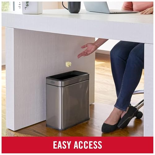 Image of Rubbermaid 2.6-Gallon Charcoal Stainless Steel Wastebasket, Slim Space-Saving Design, Ideal for Home /Office /Bathroom