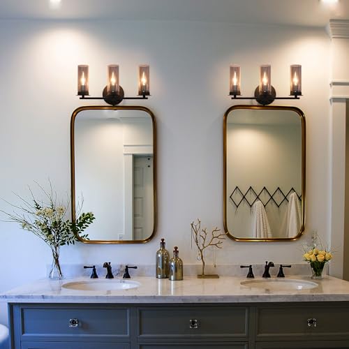 Image of Matte Black Wall Sconce, Farmhouse Vanity Light with Smoked Grey Glass Shade, 16 Inches 3-Light Simple Modern Wall Lamp for Bathroom, Living Room, Hallway, Stairwell (Black, 3-Light)