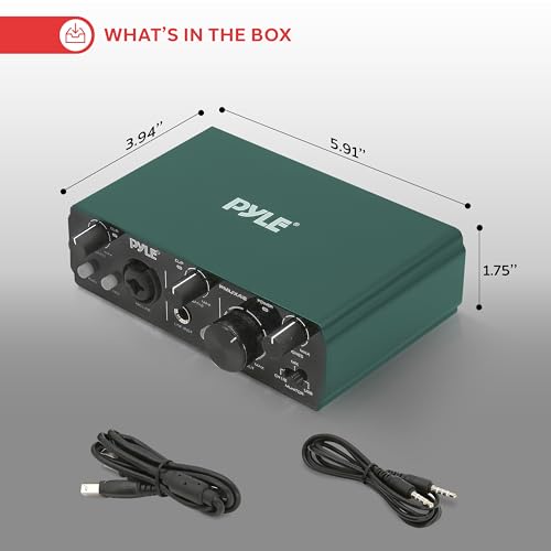 Image of Pyle USB Audio Interface for Recording Music, Podcasting, and Streaming - 2-IN /2-OUT, 24bit /192kHz, Low-Noise, High-Fidelity Studio Quality, USB Powered, Rugged Metal Chassis, 5.9 inch x 4 inch x 1.8 inch