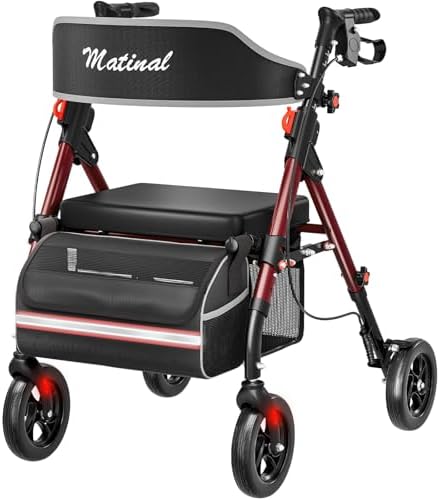 Matinal Leichtgewicht Rollator faltbar mit Sitz, Bis 160kg belastbar | 8-Zoll All-Terrain-Reifen, Robuste Aluminium-Laufhilfe Ideal für Indoor & Outdoor, 2 Aufbewahrungstaschen (We