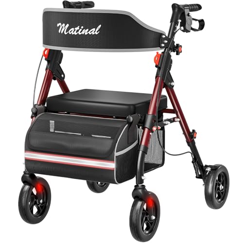 Matinal Walkers for Seniors, Rollator Walker with Seat, Walkers for Seniors with seat, 350 lb Capacity,with 8'' Big Wheels, Rolling Walker (Burgundy)