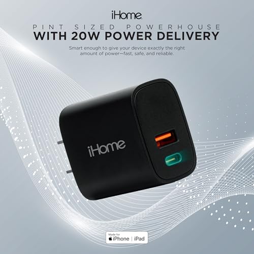 iHome Charge & Sync Bundle, Dual Port USB Charger, 20W Power Delivery, 6ft Lightning to USB-C Cable