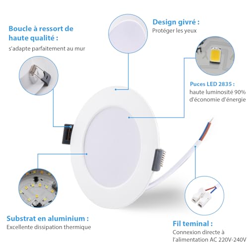 Spots LED plafond 80mm blanc chaud neutre froid lot de 6 pour cuisine