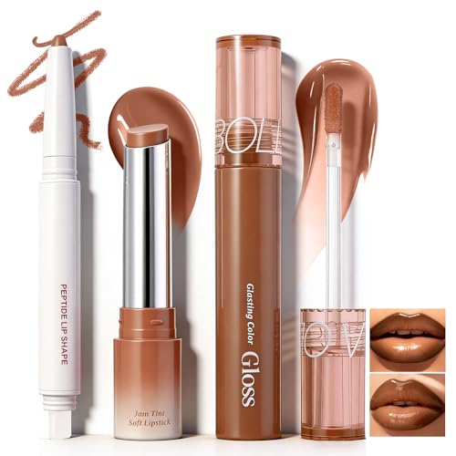U-Shinein Brown Lip Makeup Kit - Matte Lip Liner, Lipstick and Lip Gloss Combo, Long Lasting, Highly Pigmented & Smudge Proof Makeup for Women Hydrating Formula with Natural Glossy Finish 3 Count